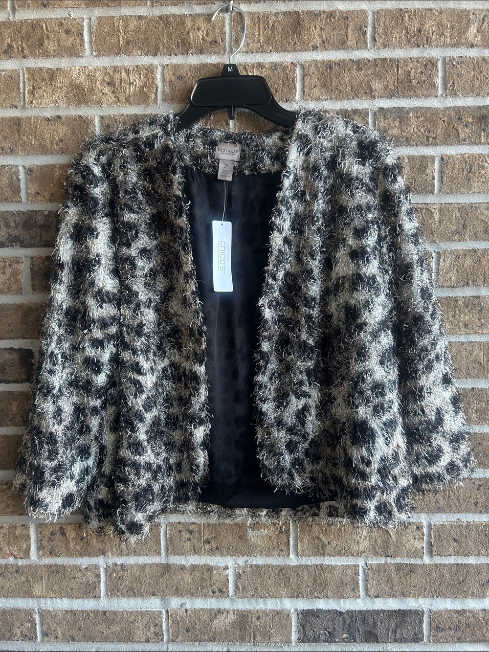 Chico's Black & Cream Fuzzy Open-Front Jacket